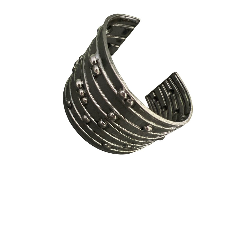 Wide Ribbed Studded Cuff Bracelet Dark Silver Tone Industrial Textured Statement